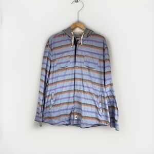 Johnnie O Surf Flannel Button Up Shirt w/Hoodie XL Striped Orange Blue Beach Bum